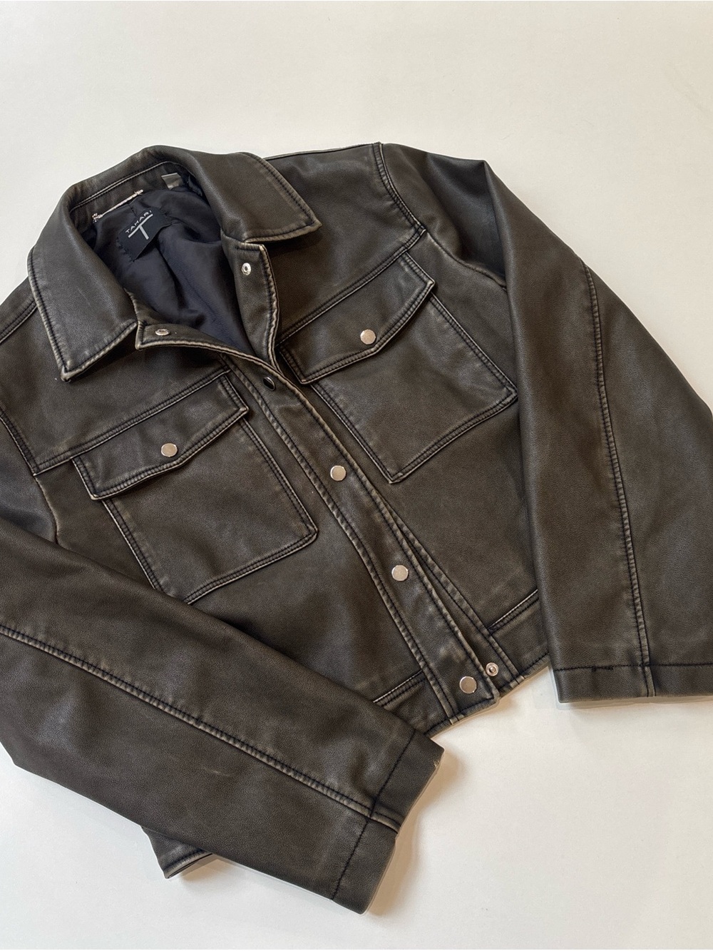 Tahari Black Faux Leather Trucker Jacket